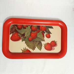 Vintage Metal Serving Tray Red Strawberries Green Leaves Country Farmhou…